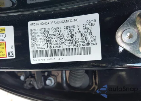 2019 Honda Accord Sport z USA, uszkodzony, nr VIN 1HGCV1F32KA115641